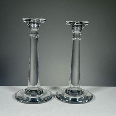 (2PC) PAIR GLASS CANDLESTICKS | Pair of eloquent blown glass candlesticks. Dimensions: h. 9.5 x dia. 4.5 in