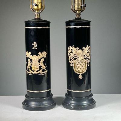 (2PC) PAIR HERALDIC REVERSE GLASS LAMPS | Reverse painted black lamps with heraldic devices of knight & shield crest and seal with the...