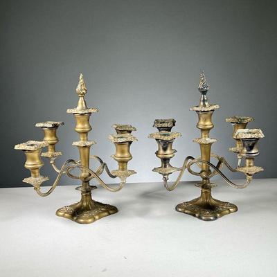 (2PC) PAIR GOLD PAINTED CANDELABRA | Two four-arm candelabra with central flame finial snuffer, gold-tone painted metal. Dimensions: h....