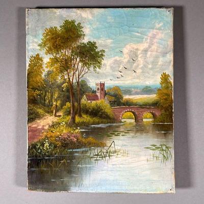 ANTIQUE OIL PAINTING ON STRETCHED CANVAS | Landscape / riverscape painting, depicting a riverside country scene with stone bridge,...