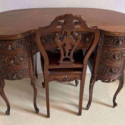 Antique Hand Carved Kidney Bean Shaped Writing Desk