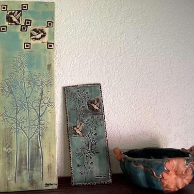 TAKAHASHI Japan Pottery Handled Dish & 2 Carol Dean Art Wall Tile/Plaques Whidbey Island