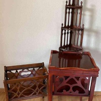 Antique furniture.  Table, Wall Corner Shelf, Magazine Rack