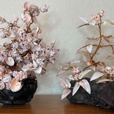 2 (two) Stunning Wire Trees With Pink Shell Flower Accents, Heavy Bases