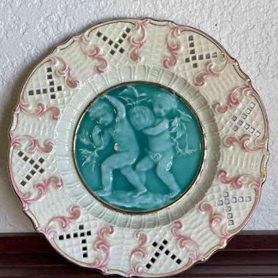 Antique Majolica Plate Children with Pumpkin c.1800's