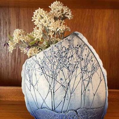 Stunning Tenmoku Pottery Mixed Blue Artful Vase With Unnatural Edges And Artificial Greenery