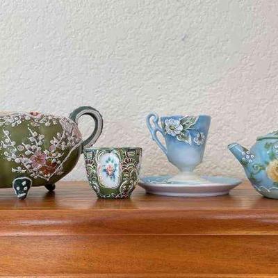 Vintage Teapot, Teacups, And Double Handled Footed Bowl