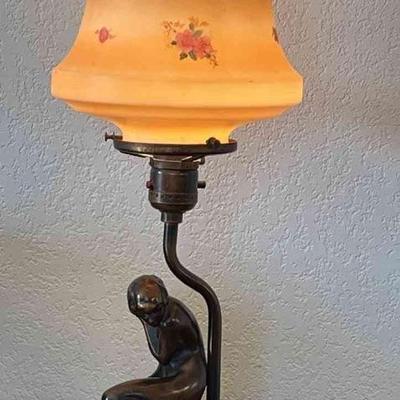 Vintage table lamp with hand painted glass shade