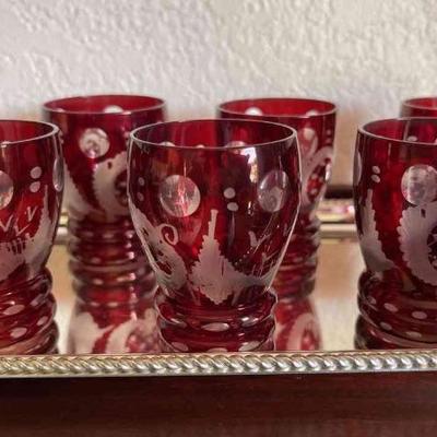 RARE FIND! Set Of 6 Ruby Red Antique Etched Glass Shot Glasses / Cordials