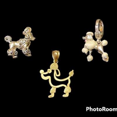 14K Gold Poodle Charm & 2 Sterling Silver 925 Poodle Charms