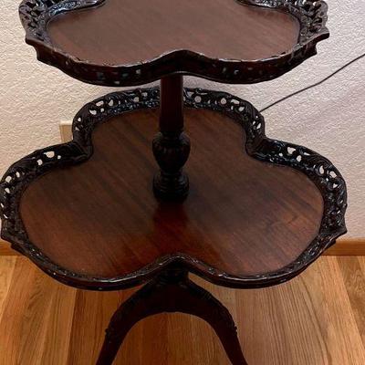 Antique 2 Tier Hand Carved Pie Crust Table