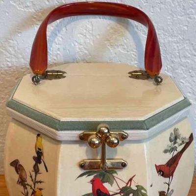 1960â€™s Wooden Bird Decoupage Octoganal Handbag purse