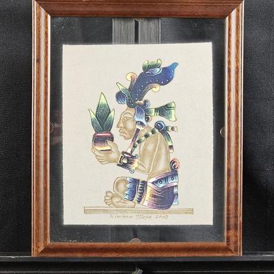 Original Mayan Art on Leather - Etched and Painted and Placed in a Floating Frame 