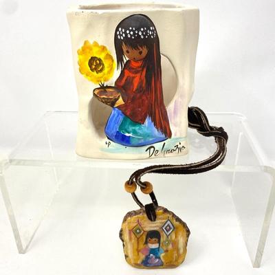 De Grazia Hand Painted Native American Girl Necklace & Ceramic Candle Holder