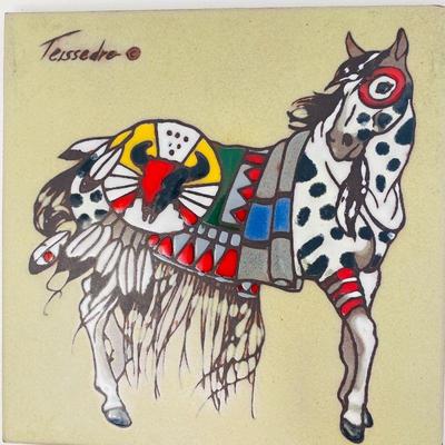 Lot #71 -Native American Horse by Cleo Teissedre Hand Painted Ceramic Trivet or Wall Decor