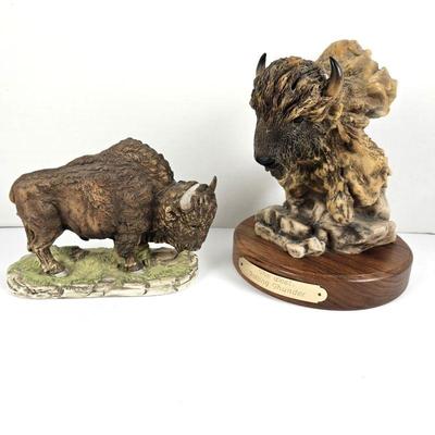 Set of Two Buffalo Figurines One From Mill Creek Studios cast from crushed alabaster, porcelain & resins.  Other is porcelain