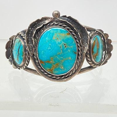 Lot #97 - Large Native American Sterling & Turquoise Navajo Cuff Bracelet