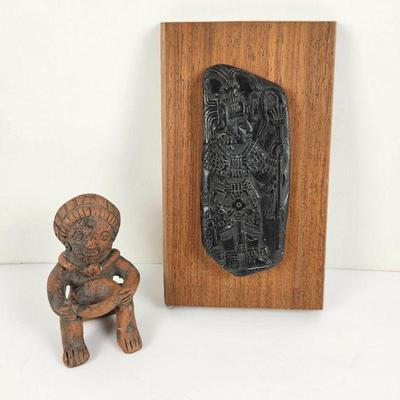  Two Pieces of Mayan Art - Small Clay Figure of May Sitting Down plus Wall Plaque w/ Carved Warrior