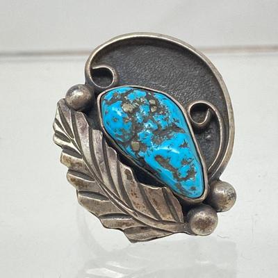 Lot #98  - Old Sterling Native American Ring w/ Silver Matrix Turquoise Stone