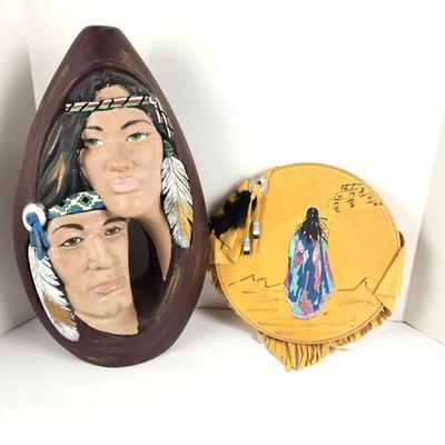  Large Hand Painted Ceramic Statue Figurine with a Native American Man & Woman Plus Hand Painted Suede
