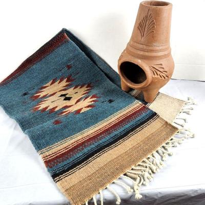 Set of Two Southwestern Decor Items / Mini Clay Chiminea and Hand Woven Small Rug