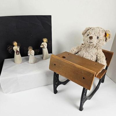 Set of Three Willow Tree Wood Angels, A Genuine NEW Steiff Teddy Bear Sitting on a Vintage Student's Desk