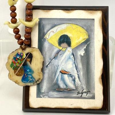 Lot #86 - Vintage De Grazia Hand Painted Native American Girl Necklace & De Grazia Wall Art