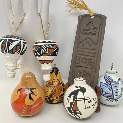 Lot #54  - Hand Painted Southwest Ceramic & Gourd Christmas Ornaments- Native American Prayer