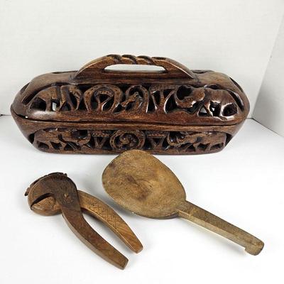 Large Hand Carved Bread Storage From Zimbabwe, Antique Hand Carved Spoon & Ornate Nut Cracker