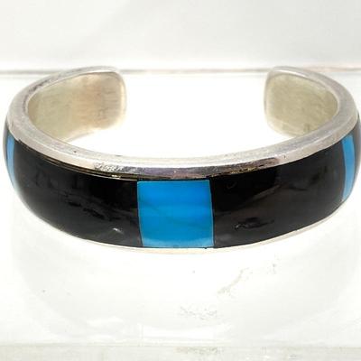 Lot #99 - Sterling Silver Cuff Bracelet with Onyx and Turquoise Inlays
