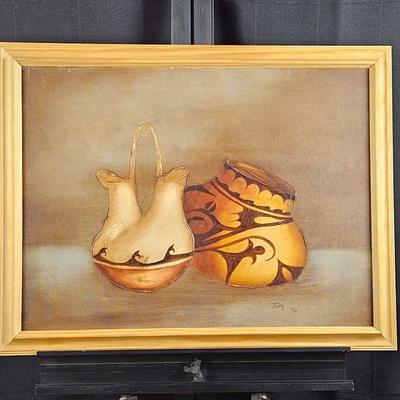 Original Art Oil on Canvas Shows Native American Pottery Pieces Stretched Canvas Signed 