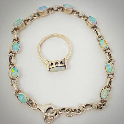 Lot #79 -Sterling Silver and Opal Bracelet and Ring Set