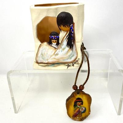 Lot #87 - De Grazia Hand Painted Native American Girl Necklace & Ceramic Candle Holder
