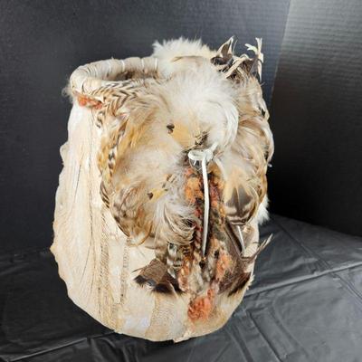 Decorative Native American Woven Birch Bark Basket with Fur & Feather Accents 15