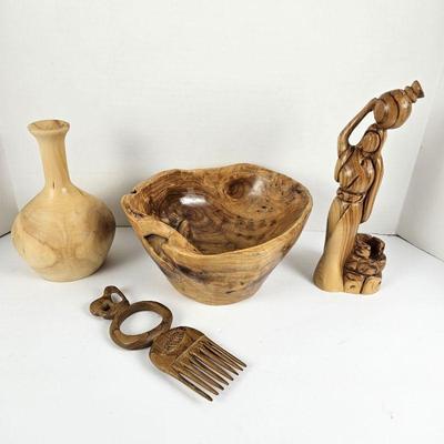 Beautifully Carved Wood Items From Around the World!  Root Bowl, Woman, Hair Comb & Aspen Vase