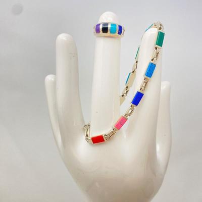 Lot #93 - Colorful Multi Stone and Sterling Silver Bracelet and Ring Set