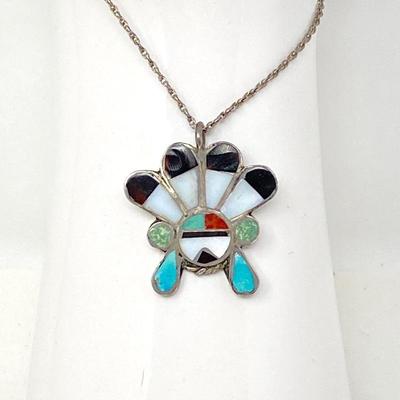 Lot #91 -Old Pawn Zuni Sterling & Stone Inlay Native American Pendant on Chain