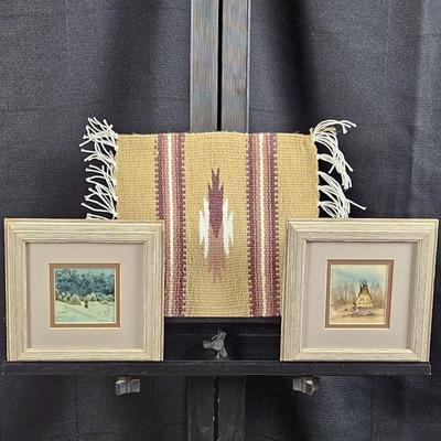 Set of Two Small Pieces of Original Art Framed Plus A Small Hand Woven Mexican Sampler 10