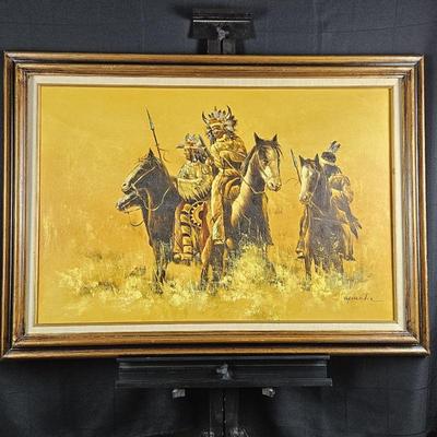 Lot #T 7  - Large Framed Western Native American Oil on Canvas Original Art - 42