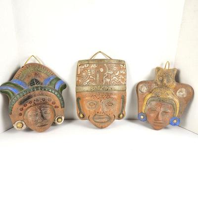  Set of Three Mayan Clay Masks From Mexico Each About 10