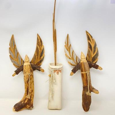 Lot #57 - Amaizing Pair of Hand Carved Wooden Angels by Recognized New Mexican Artist Hector Rascon