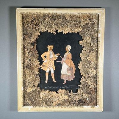 CW MERRIL ASSEMBLAGE | painted assemblage of cut paper showing a man and maid with phrase â€œWhere are you going my pretty maid.â€ in a...