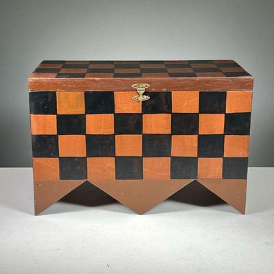 PAINTED COVERED BOX | Red and black checkered box with a hinged lid and shaped bottom, hand painted in the style of Vienne Moderne.