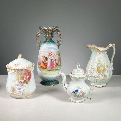 (4PC) PORCELAIN ITEMS | Includes: Victoria Carlsbad Austrain vase with women and cupid design, Bavarian China biscuit jar with lid,...