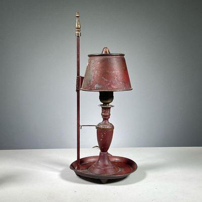 EARLY AMERICAN TOLE LAMP | 19th Century Tole lamp with amber bulb with adjustable height shade.