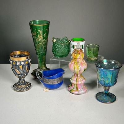 (8PC) MISC. COLOR GLASS | Including an etched and gilded emerald green vase circa late 19th century (h. 9.5 in.), two iridescent goblets,...