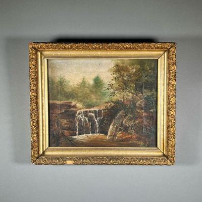 LANDSCAPE OIL PAINTING | Oil on canvas landscape painting with a waterfall, no apparent signature, likely late 19th or early 20th century...