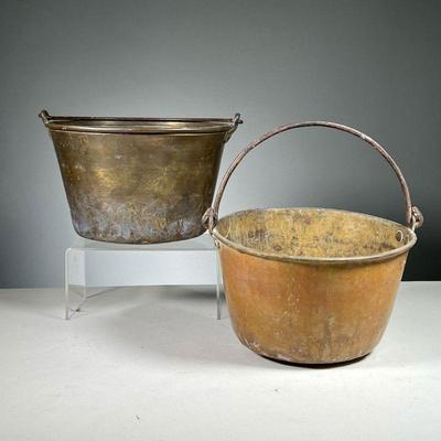 (2PC) ANTIQUE PAILS | Hammered brass or other metal buckets with bail handles, the larger one marked - Hiram W Hayden / Waterbury Conn /...