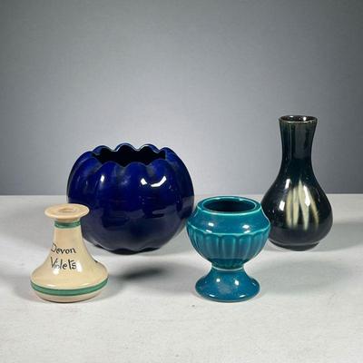 (4PC) COLORFUL CERAMIC VASES | Includes: an art pottery bud vase with green glaze, and another bud vase painted with floral pattern and...