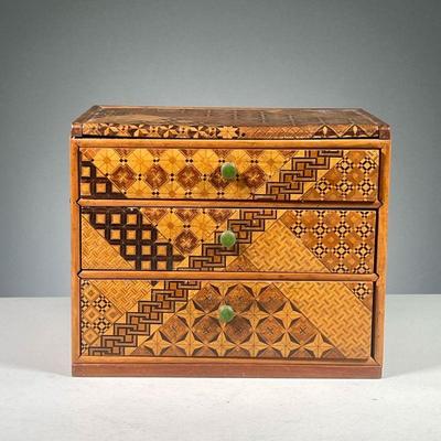 CHINESE PARQUETRY & JADE BOX | Intricately inlaid marquetry in various patterns with contrasting woods and jade pulls, with original...